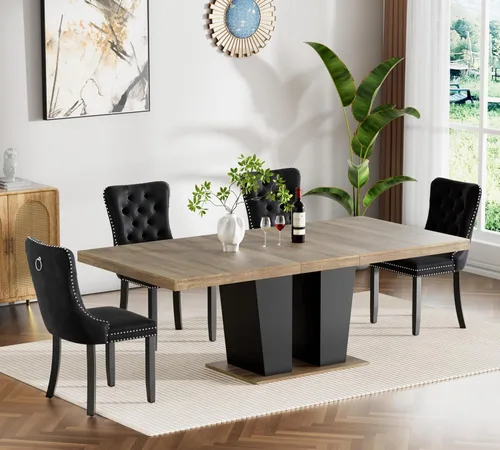 Vista 5 de Henf Juego de mesa de comedor extensible de 78 pulgadas para 6 mesas rectangulares de madera de 7 piezas con 6 sillas tapizadas de terciopelo, mesa