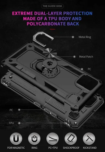 Vista 6 de Funda para LG K92 5G, con protector de pantalla HD, [grado militar] anillo de montaje en coche con soporte híbrido de policarbonato duro de Negro