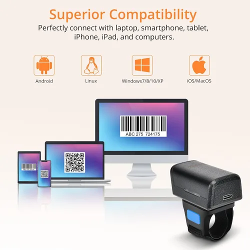 Vista 5 de 1D 2D Bluetooth portátil anillo escáner de código de barras, mini lector de código de barras portátil con inalámbrico 2.4Ghz y Bluetooth y USB