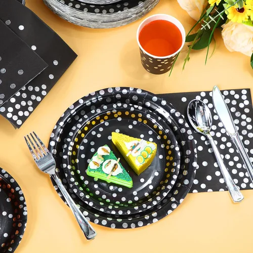Vista 4 de Sieral 560 piezas de suministros de fiesta negros y plateados para 80 invitados, platos de papel desechables, servilletas, tazas, tenedores