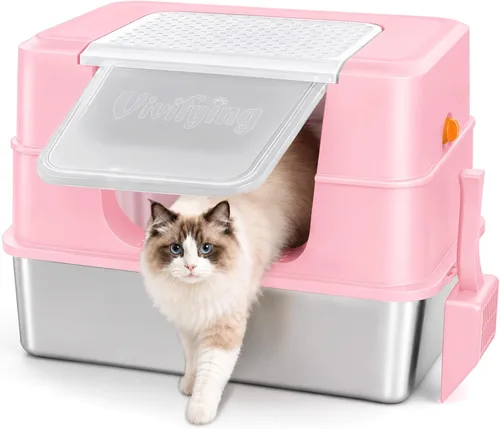 Vista 9 de Vivifying XL Enclosed Stainless Steel Cat Litter Box with Lid, White