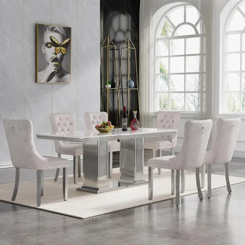 Vista 40 de Juego de mesa de comedor de 5 piezas para 4, mesa de cocina de mármol negro de 68 pulgadas con 4 sillas beige, mesa de comedor rectangular moderna
