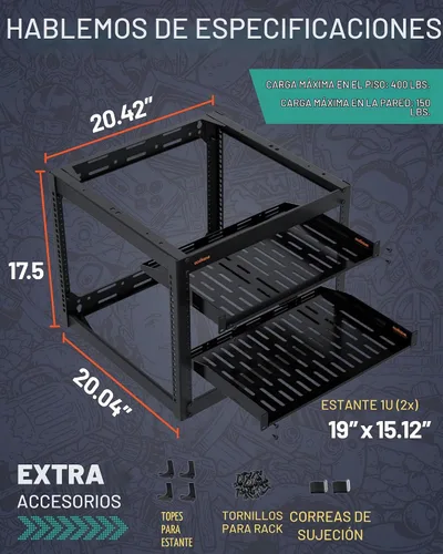 Vista 4 de ECHOGEAR Bastidor de red de 10U - Diseño de 4 postes resistente para montaje en pared, con estructura abierta que incluye 2 estantes ventilados