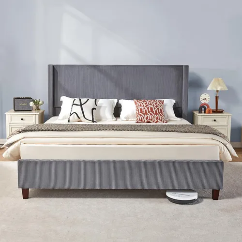 Vista 7 de VanAcc - Base de cama tapizada de pana tamaño Queen con cabecera de ala Crema