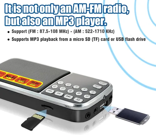 Vista 2 de Radios Pequeños Portátiles AM FM, Radio con Batería de Gran Capacidad Recargable, Ranura para Tarjeta TF Micro SD y USB, Reproducción MP3, Botones