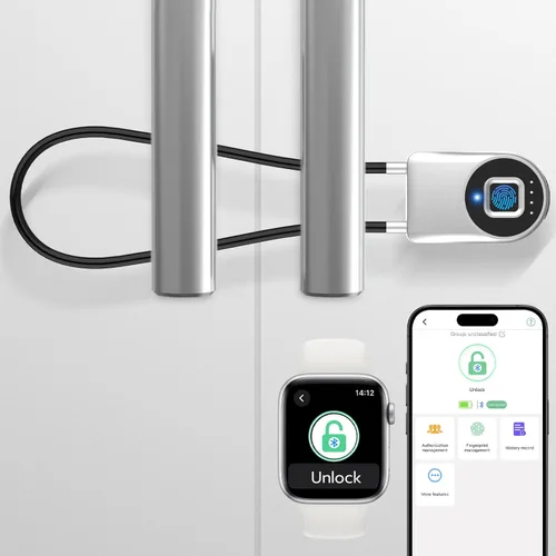 Vista 9 de eLinkSmart - Cerradura de cable de huellas dactilares, cerraduras para nevera con control de aplicación Bluetooth, candado inteligente biométrico