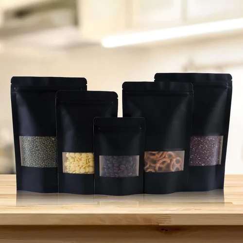 Vista 6 de 100 bolsas resellables, bolsas de papel kraft verticales con ventana mate, bolsas de almacenamiento de alimentos con cierre de cremallera