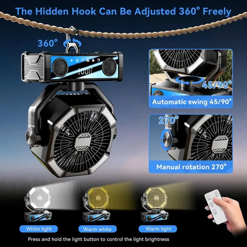 Vista 5 de Ventilador portátil recargable con altavoz Bluetooth 5.3, ventilador de campamento de 25000 mAh con control táctil de 5 velocidades y luz LED de 3