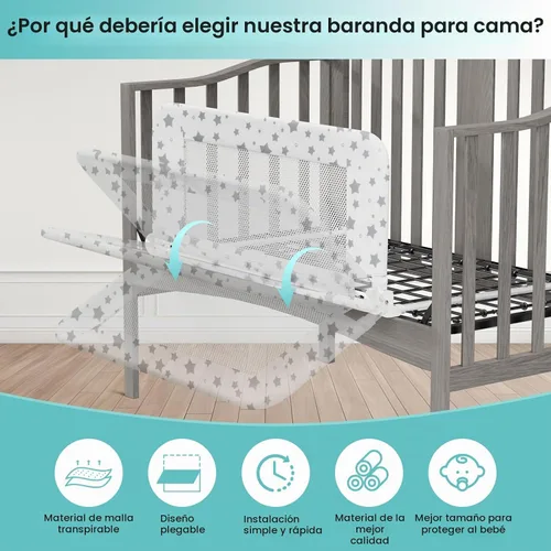 Vista 7 de NUTIKAS Protector de riel de cuna para niños pequeños, rieles de cama de 35.3 pulgadas, protector lateral de seguridad convertible con malla Blanco