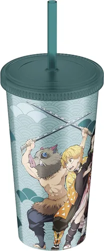 Vista 2 de ABYSTYLE Demon Slayer - Vaso de plástico acrílico de 16 onzas con popote reutilizable y tapa a prueba de fugas, sin BPA con Inosuke, Zenitsu, Nezuko