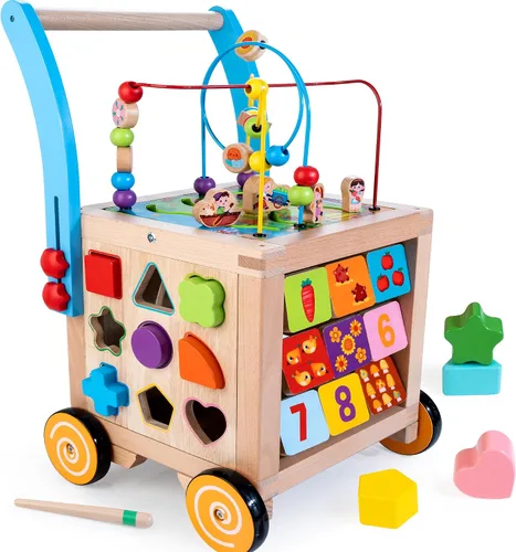 Vista 8 de 9-in-1 Wooden Activity Cube Walker for 1 Year Old, Sit-to-Stand Push Walker Neutral