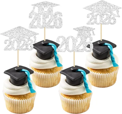 Vista 20 de Paquete de 24 adornos para cupcakes de clase 2026 con purpurina 2026 Felicidades Graduación Diploma Done Cupcake Picks 2026 Graduación Temática