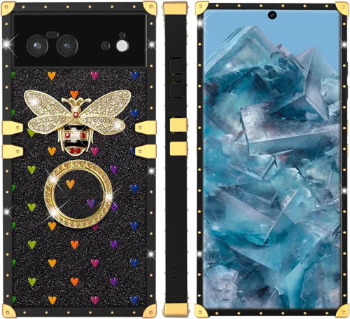 Vista 9 de nancheng Funda para Google Pixel 6 de lujo, diseño de abeja, corazón y abeja, chapado en oro, con anillo de diamante de 360°, correa de cordón