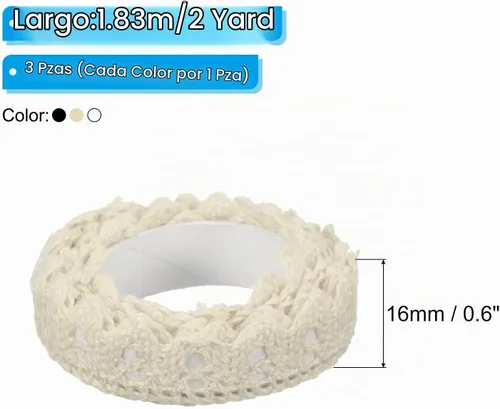 Vista 2 de PATIKIL Cinta de encaje autoadhesiva de 0.6 pulgadas de ancho, 2 yardas, paquete de 3 calcomanías de algodón con ribete washi para manualidades