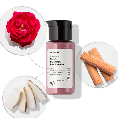 Vista 2 de BRILLARE Limpiador facial en polvo de rosa real, exfoliante facial suave con pétalos de rosa en polvo y sándalo, sin parabenos ni sulfatos, cuidado