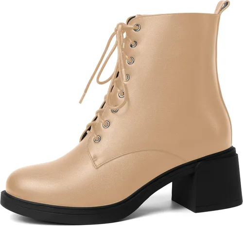 Vista 92 de ROSERWISH Botas altas de tacón bajo y grueso para mujer, con cordones, cómodas, modernas, con puntera redonda, de 2.5 pulgadas