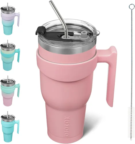 Vista 86 de BJPKPK Mini vaso de 10 onzas con tapa, popote y asa, taza de acero aislada