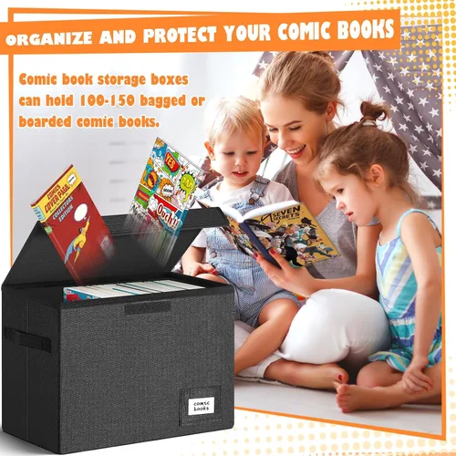 Vista 3 de Leffis Caja de Almacenamiento para Cómics, Caja 39.4 cm X 19.1 cm X 28.7 cm, Caja Corta Plegable con Tapas para 150 Cómics, Contenedor de Cómics