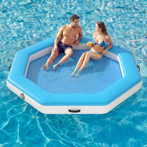 Vista 10 de Muelle flotante inflable redondo de 6 a 12 pies, anillo de flotador Sunchill, hamaca de agua para broncear flotadores de piscina con tela tejida