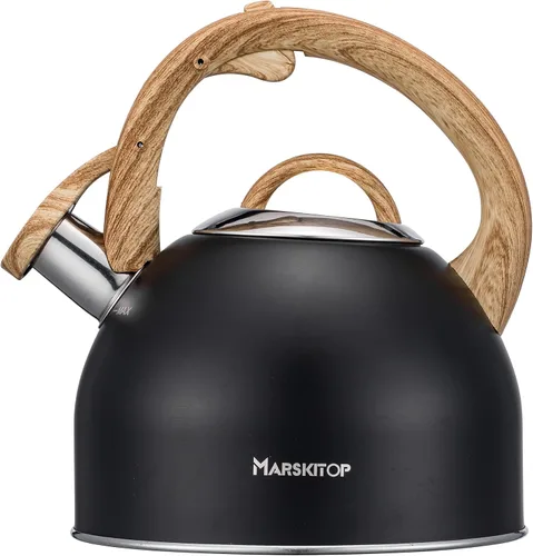 Vista 17 de MARSKITOP Tetera para estufa, tetera silbante para estufa, tetera de acero inoxidable de grado alimenticio con mango ergonómico Cool Touch, 2.6 Negro