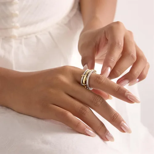 Vista 6 de Anillos apilables para mujer, chapados en oro de 18 quilates, juego de 3 anillos con circonita cúbica, juego de anillos plateados y dorados