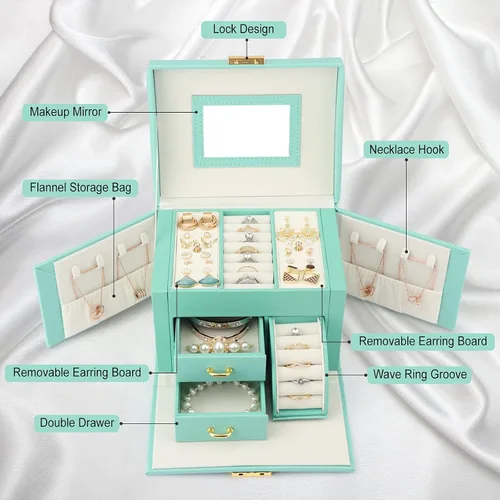 Vista 2 de Joyero multifunción con espejo 2 cajones y cerradura organizador de almacenamiento de piel sintética para pulseras aretes anillos collares relojes