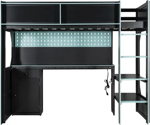 Vista 4 de Harper & Bright Designs Cama loft para juegos con escritorio integrado y luces LED, marco de cama de madera tamaño individual con cajón