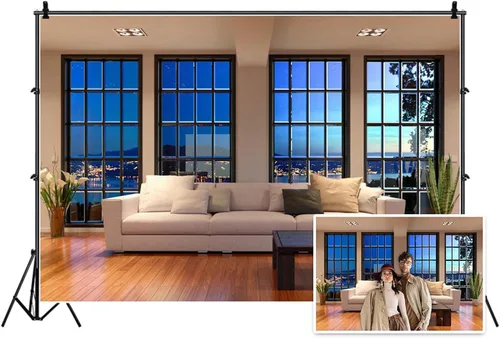 Vista 2 de AOFOTO Fondo de ventana francesa de oficina de negocios de 5 x 3 pies, para sala de estar, sofá, fotografía, fondo interior, trabajo en casa