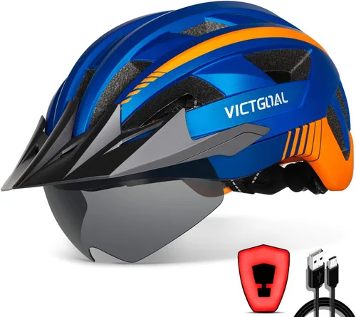 Vista 16 de VICTGOAL Casco de bicicleta con luz trasera recargable por USB, gafas magnéticas desmontables, visera solar extraíble, cascos de bicicleta de Negro