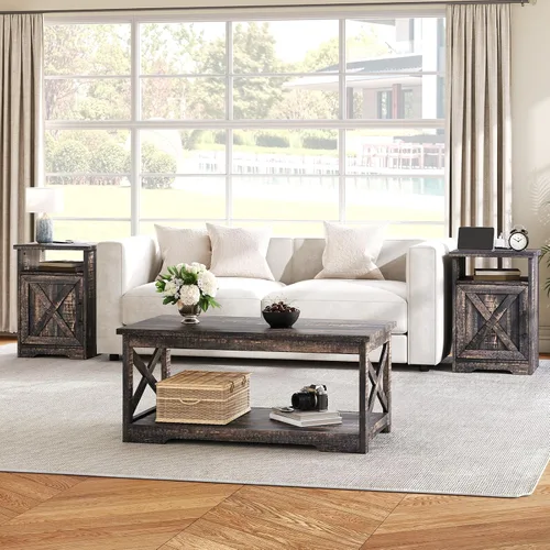 Vista 10 de AMERLIFE - Juego de mesa auxiliar de 3 piezas para sala de estar, madera de granero Barnwood