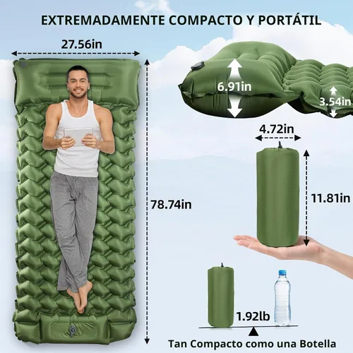 Vista 2 de Almohadilla de dormir Toncoke, almohadilla inflable extra gruesa y ultraligera con almohada, bomba de pie de 30s, colchón de camping de 3.54