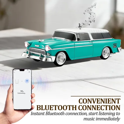 Vista 2 de Altavoz Bluetooth retro en forma de automóvil, calidad de sonido de alta definición, emparejamiento TWS, múltiples salidas de interfaz, altavoz Verde