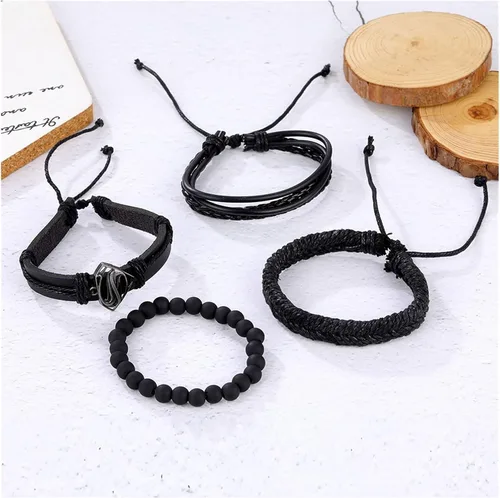 Vista 4 de Pulsera de cuentas vintage para hombre, pulsera de cuero triángulo hueco de moda, pulsera multicapa ancha envuelta para hombres