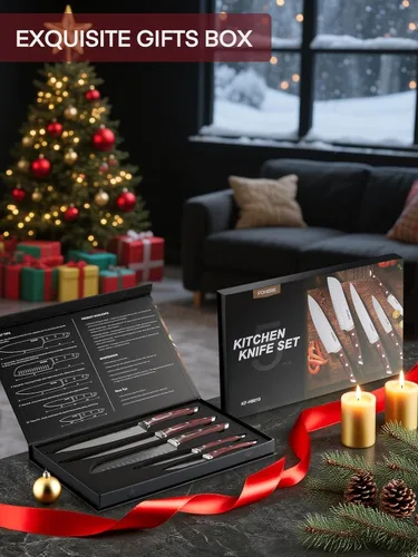 Vista 6 de FOHERE Juego de cuchillos de chef, 5 cuchillos de cocina ultra afilados con mango ergonómico de madera de Pakka roja, juego de cuchillos