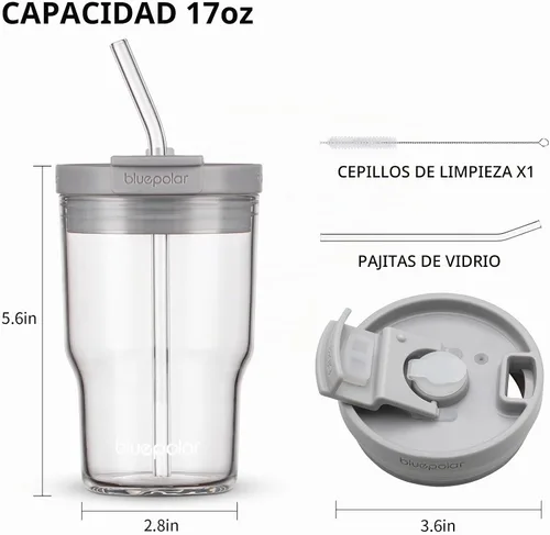 Vista 2 de BLUEPOLAR Vasos de vidrio con tapas y popotes, vasos reutilizables de 16 onzas para café helado y botellas de jugo, vasos de preparación fría