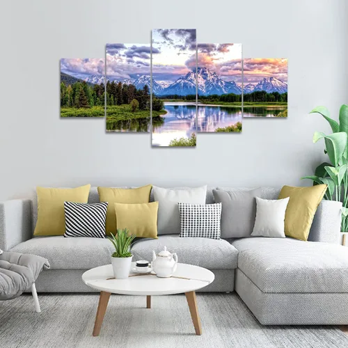 Vista 3 de SKASNFAI 5 piezas de paisaje del parque nacional Grand Teton, arte de pared, pinturas en lienzo de montaña, paisajes naturales, cuadros enmarcados