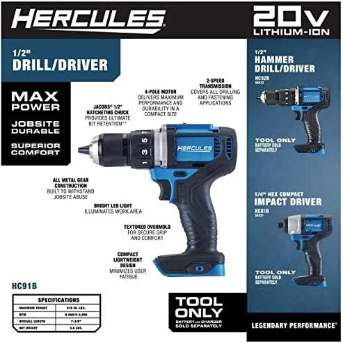 Vista 3 de HERCULES Taladro/destornillador compacto inalámbrico de litio de 20 V de 1/2 pulgadas, solo herramienta