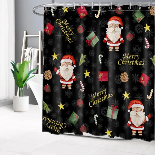 Vista 3 de Merry Christmas Shower Curtain for Bathroom Santa Claus with Snowflake Pattern on Black Bathroom Shower Curtains with Hooks, New Year Holiday