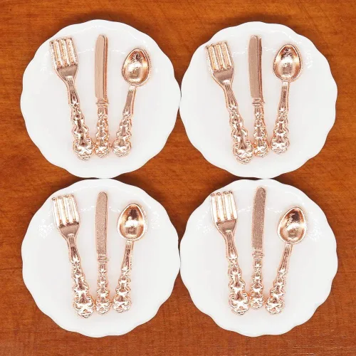 Vista 10 de Odoria 1/12 Platos en miniatura y cubiertos Cuchillo Tenedor Cuchara Juego de accesorios para casa de muñecas, plata plateado