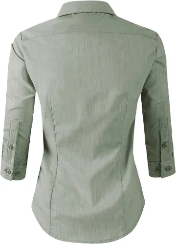 Vista 3 de Doublju - Camiseta básica de manga 34 con cuello de botón para mujer