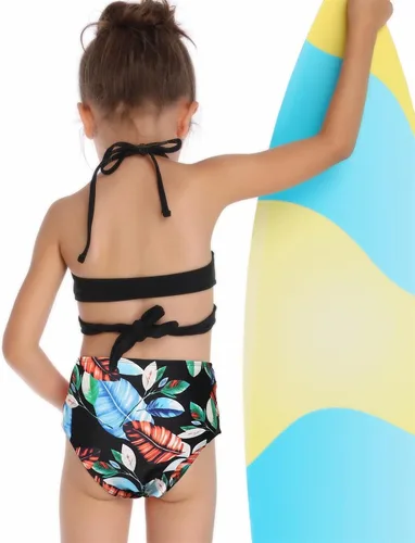 Vista 4 de ZHICHUANG Conjunto de bikini de verano para niñas de 2 a 12 años con estampado de hojas hawaianas de 2 piezas Rosado