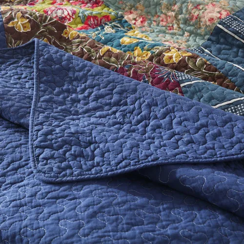 Vista 8 de VISIMISI - Juego de colcha de algodón, juego de cubrecama reversible de retazos, 3 piezas, diseño vintage floral de mosaico azul, tamaño queen