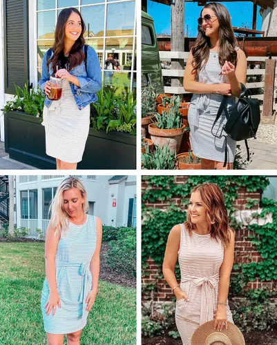 Vista 5 de MEROKEETY - Vestido camisero de verano sin mangas y a rayas para mujer mini vestido casual con cuello redondo y lazo en la cintura