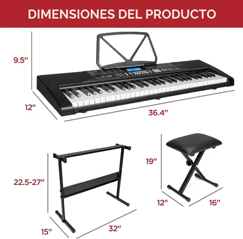 Vista 7 de Best Choice Products Juego completo de piano de teclado electrónico para principiantes de 61 teclas con teclas iluminadas, pantalla LCD