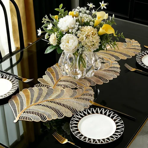 Vista 11 de FAVE Camino de mesa dorado de 36 pulgadas con forma de flor, camino de mesa corto lavable para bodas, banquetes, cumpleaños, fiestas, restaurantes