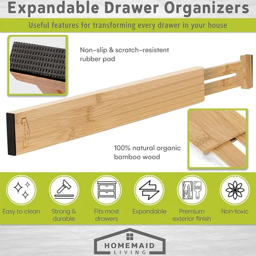Vista 5 de Organizador de cajones de bambú ajustable y expandible - Separadores de cajones ideales para cocina, tocador, dormitorio y baño - Organizador