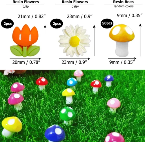 Vista 4 de 225 piezas de resina diminuta abeja de madera mariquita margarita flor decoración de hongos, adorno de abejorro, encanto de limo epoxi en miniatura