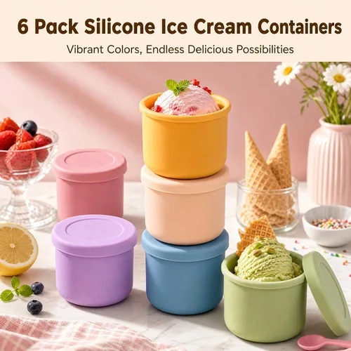 Vista 4 de 6 tazas de helado caseras de silicona, recipientes pequeños de 8 onzas con tapas, recipientes reutilizables para congelador, aptos para lavavajillas