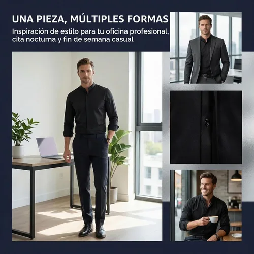 Vista 6 de Camisas de vestir con cuello mandarín para hombre, manga larga, estilo casual, elegantes y de un solo color Negro