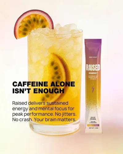 Vista 4 de Raised Energy+ Mezcla de bebida nootrópica 200 mg de cafeína natural + L-teanina cero azúcar Polvo de energía limpia para concentración